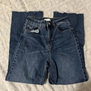 High waisted wide leg raw hem blue jeans